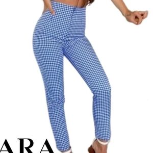 ZARA  Blue & White Gingham High-Waist Tapered Pants NEW w/TAG